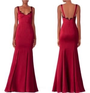 FAME AND PARTNERS Ara Satin Mermaid Gown Dress Lace Trim Burgundy Size 14